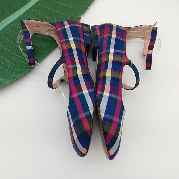 J Crew Poppy Plaid 2 Ankle Strap Ballet Flats Size 8 Purple Madras Rare Festive - Picture 4 of 7